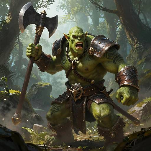 Digital fantasy artwork: Muscular green orc with sharp teeth, wearing metallic armor, holding a double-headed axe, roaring in a dense forest.