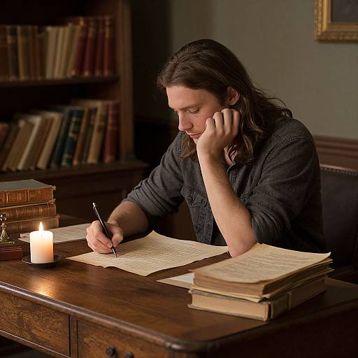 Thoughtful Man Writing in Cozy Study