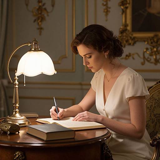 Vintage photograph of a focused woman in a white dress writing in an open book, illuminated by a brass lamp, in an ornate, gold-trim