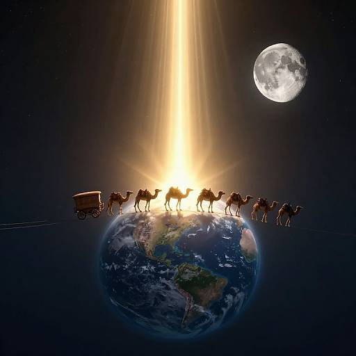 Digital art: Silhouetted camels and cart with bright beam above Earth, full moon in dark space background, creating a celestial scene.