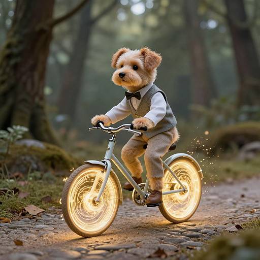 Photograph of a cute, fluffy, brown and white puppy in a miniature suit riding a glowing bicycle on a forest path.
