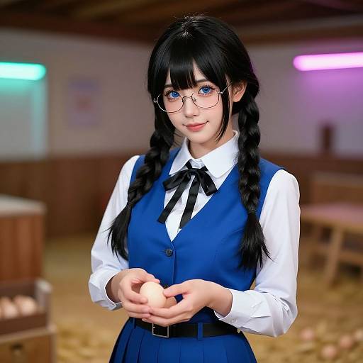 CGI anime-style girl with long black braids, blue vest, white shirt, black ribbon, glasses, holding hands, smiling, indoor setting.