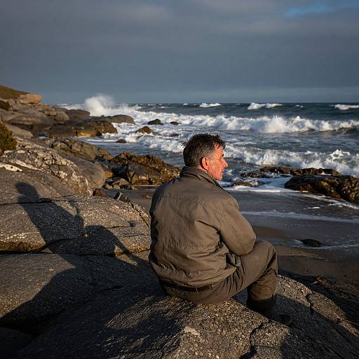 Photograph of a middle-aged man with short dark hair, in a gray jacket and pants, sitting on rocky shoreline, gazing at crashing waves under