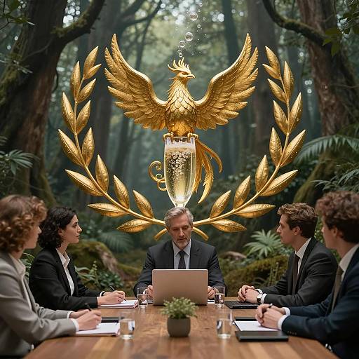 Business Meeting with Golden Phoenix and Laurel Wreath Symbol