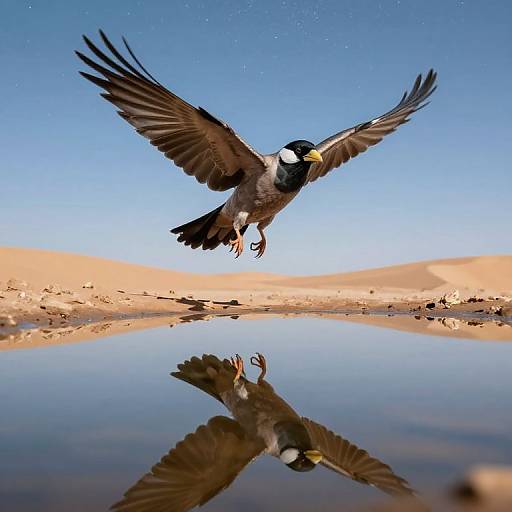Photograph of a black-and-white bird in mid-flight over a desert reflection pool, with clear blue sky and sandy dunes.