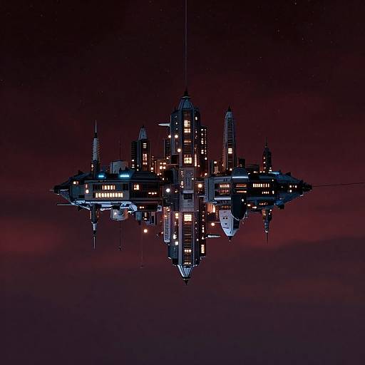 Digital CGI image of a futuristic, neon-lit space station floating in a dark, purple-red twilight sky, reflecting in a calm surface below.