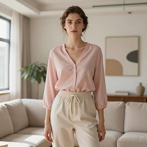 Woman in Casual Lounge Outfit in Modern Living Room