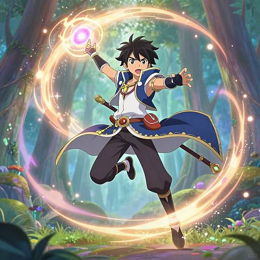 Anime-style drawing of a black-haired, blue-coat-wearing magician boy casting a glowing magic circle in a vibrant, enchanted forest.