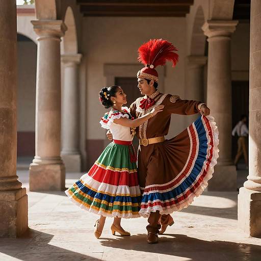 Sunlit Mexican Dancers in Courtyard