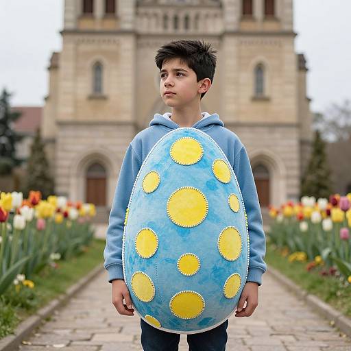 Photograph of a young boy with short black hair, wearing a blue hoodie, holding a large blue egg with yellow polka dots, standing in front