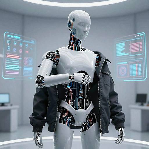 Photorealistic CGI of a humanoid robot with exposed circuitry, wearing a black jacket, standing in a futuristic, brightly lit lab with holographic screens