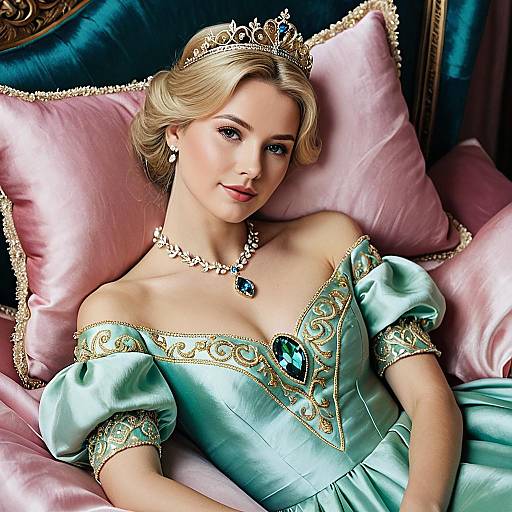 Elegant Blonde Princess in Green and Gold Dress
