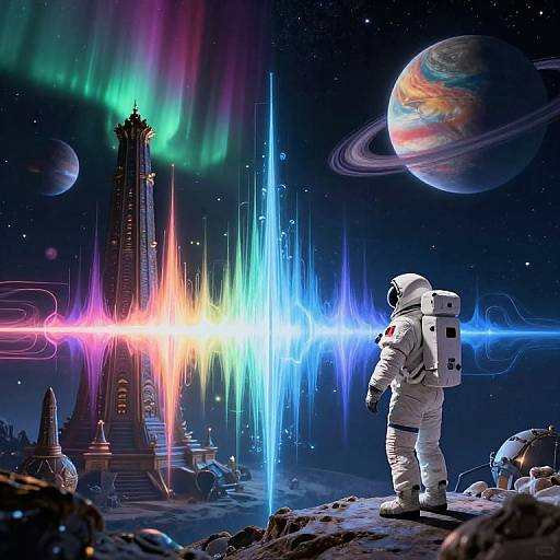 Astronaut Exploring Alien Synth Temples in Space