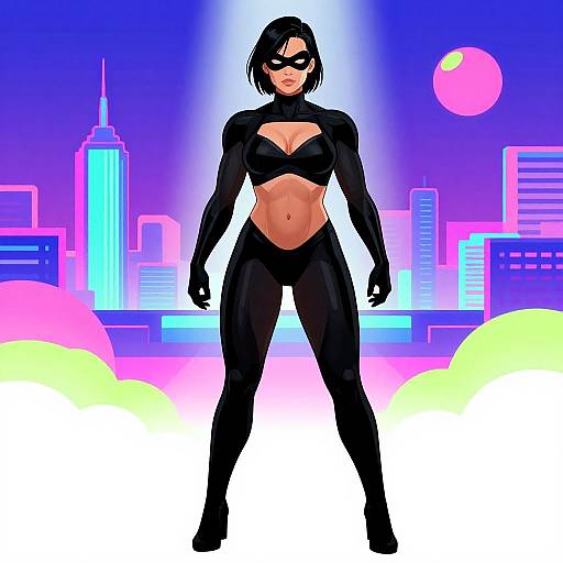 Digital artwork of a muscular, black-haired woman in a black, form-fitting suit with a cleavage cut, standing confidently in front of a neon
