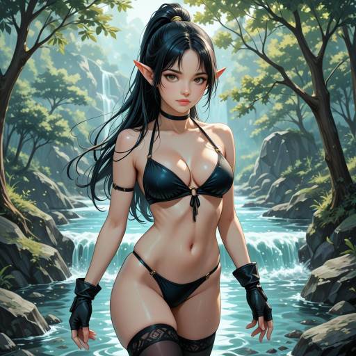 Fantasy Elf Woman in Black Bikini by Waterfall
