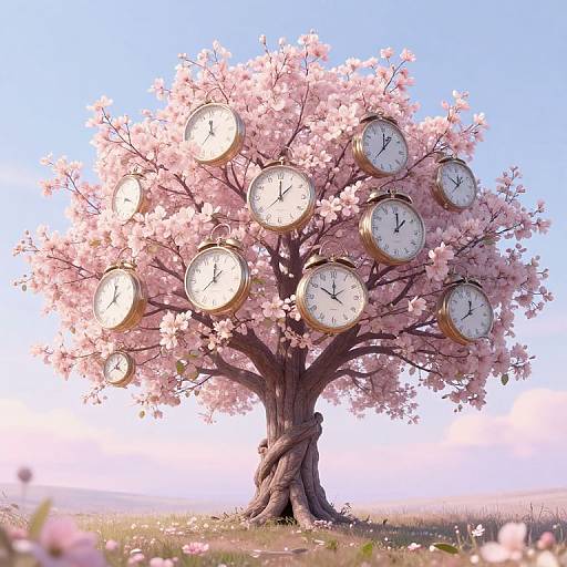 Photograph of a cherry blossom tree with twelve round clocks as branches, each showing different times, set against a clear blue sky.