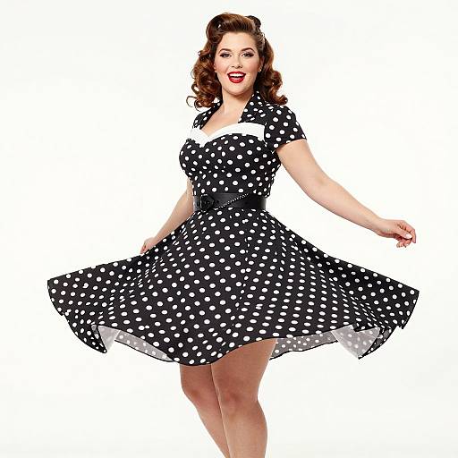 Photograph of a smiling, fair-skinned woman with red lipstick, wearing a black polka dot dress, mid-swing, white background. Retro