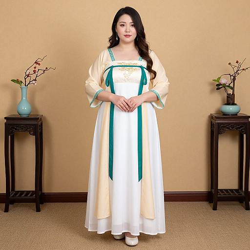 Photograph of a young Asian woman with long black hair, wearing a white and cream traditional dress with green trim, standing between two wooden tables with blue
