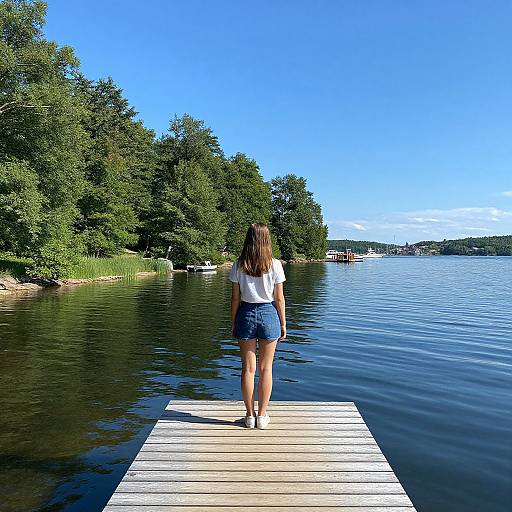 Photograph of a woman with long brown hair in a white t-shirt and blue denim shorts, standing on a wooden dock, facing a calm lake with