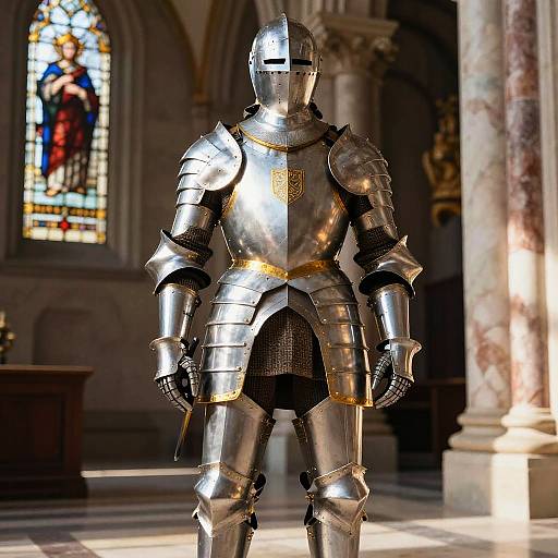 Photorealistic CGI of a medieval knight in shining silver armor standing in a sunlit, ornate church with a stained glass window.