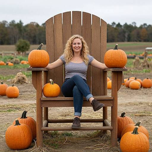 Photograph of a smiling curly-haired woman in a blue patterned shirt and jeans, sitting on a wooden chair in a pumpkin patch with orange pumpkins
