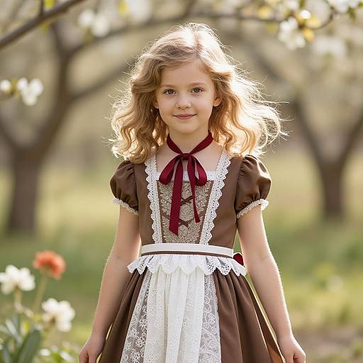 Photograph of a young girl with wavy blonde hair, wearing a brown dress with white lace trim and maroon ribbon, standing in a sunlit