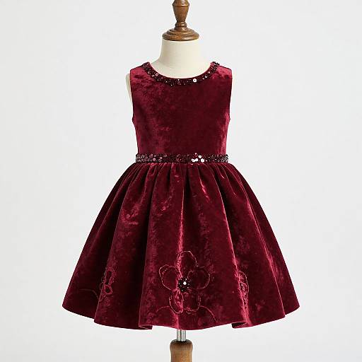 Photograph of a sleeveless, velvet, deep red, knee-length dress with floral embroidery and a black beaded waistband, displayed on a white