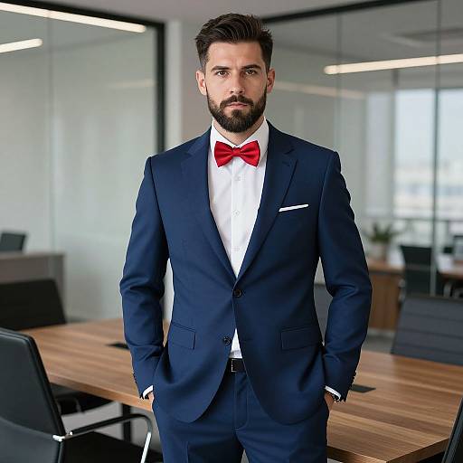 Photograph of a handsome bearded man with dark hair, wearing a navy blue suit, white shirt, red bow tie, standing in a modern office