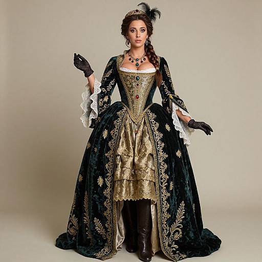 Photograph of a woman in an elaborate Renaissance-style black and gold gown with lace, black gloves, feathered headpiece, and necklace, standing against