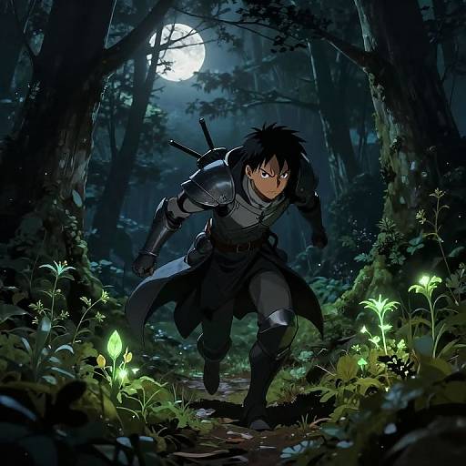 Digital anime-style drawing of a stealthy, armored warrior with black hair, glowing green plants, and a full moon in a dark forest.