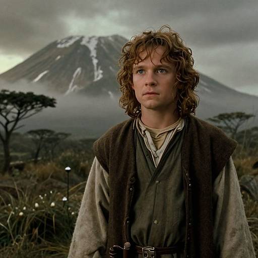 Photograph of a curly-haired young man with blue eyes, wearing a brown vest over a beige shirt, standing in front of a misty, snow