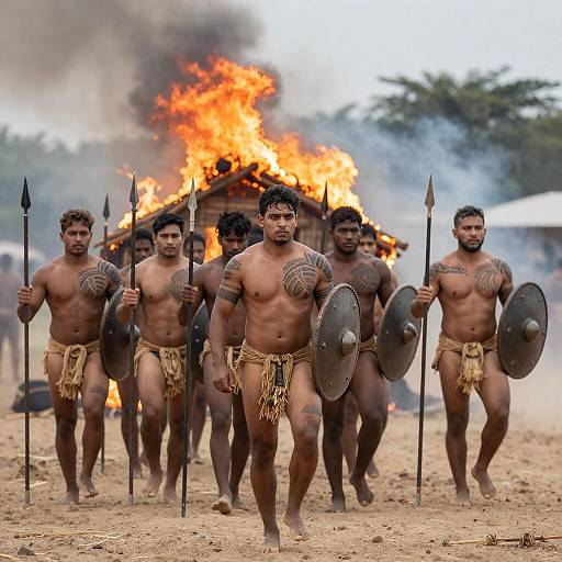 Tribal Warriors Charging a Burning Hut