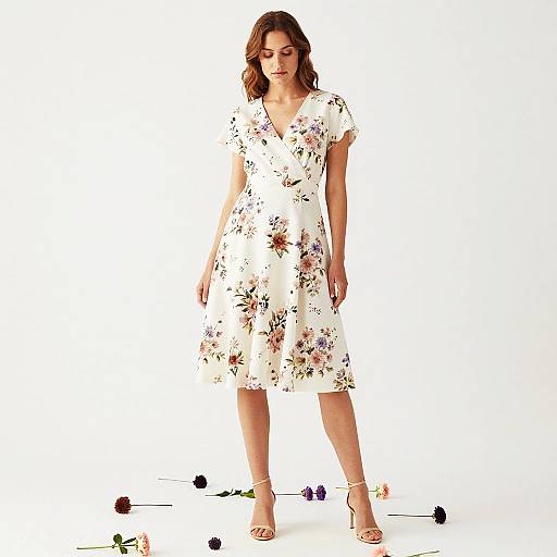 Woman in White Floral Dress with High Heels