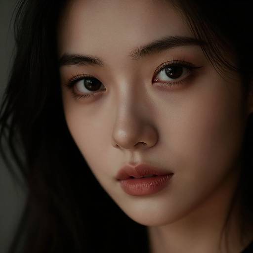Photorealistic close-up of an East Asian woman with fair skin, dark hair, and deep brown eyes, featuring subtle makeup and a neutral expression.