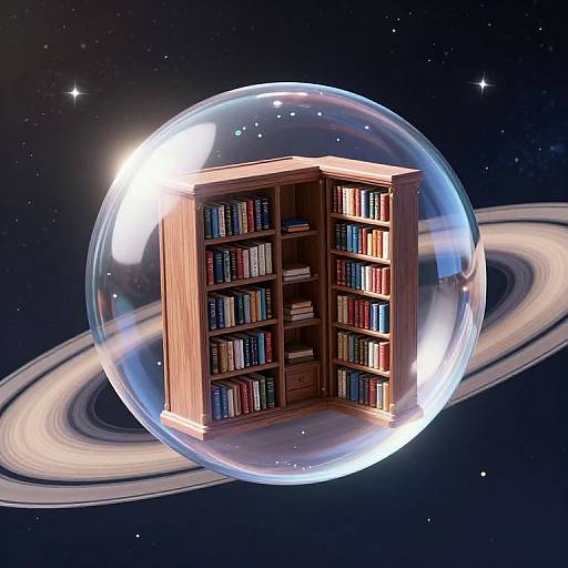 Digital art of a wooden bookshelf with books floating inside a transparent, glowing bubble on a planet-like ring in outer space.