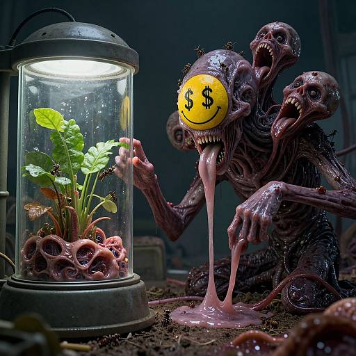 Photograph of a grotesque, multi-headed monster with a yellow smiley face, drooling, reaching towards a glass terrarium with a green plant