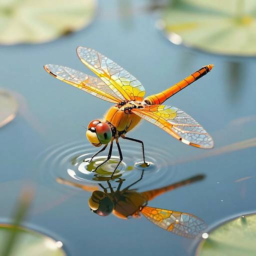 Photograph of an orange dragonfly with translucent wings, reflected in calm water, ripples around its legs, lily pads in background.