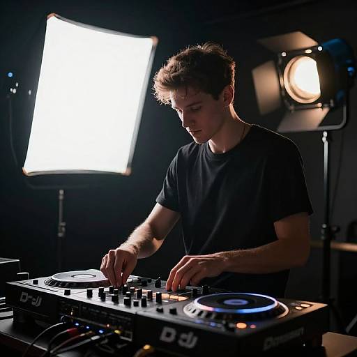 Photograph of a young male DJ with short brown hair, wearing a black t-shirt, mixing music on a DJ console under bright studio lights.
