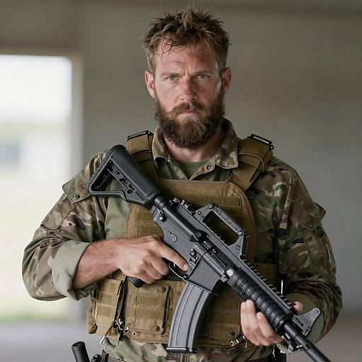 Bearded Rugged Man With Assault Rifle