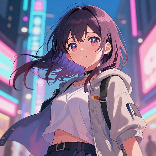 Anime-style digital drawing of a cute young woman with purple hair, pink eyes, wearing a white crop top and unzipped hoodie, standing in a