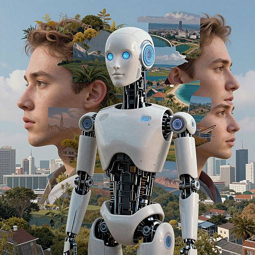 Photograph of a white, humanoid robot with blue glowing eyes, overlaid with three brown-haired male profiles, cityscape, and nature background.