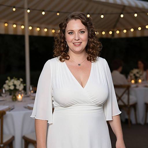 Photograph of a smiling, fair-skinned woman with curly brown hair, wearing a white, V-neck dress, standing in a dimly-lit