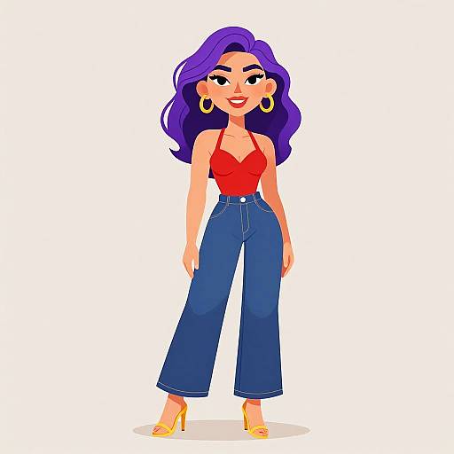 Cartoon-style illustration of a confident woman with long purple hair, red crop top, blue high-waisted jeans, yellow heels, and large gold