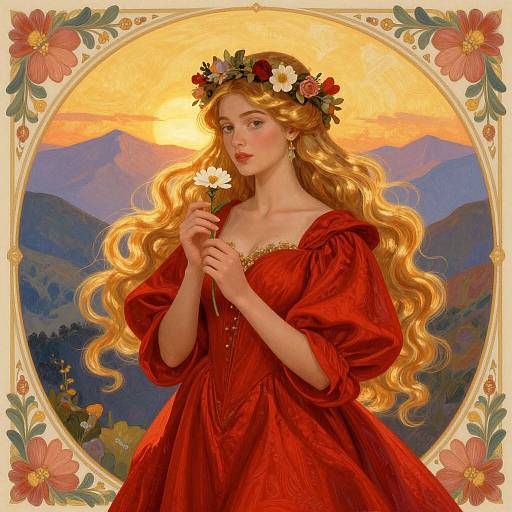 Digital painting of a fair-skinned, blonde woman with long wavy hair, wearing a red dress and floral crown, holding a white flower, against