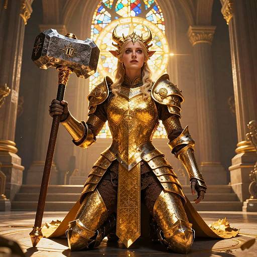 Digital artwork of a golden-armored, horned female warrior kneeling with a massive hammer in a grand, sunlit cathedral.