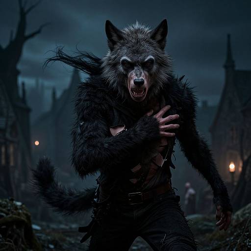 Digital artwork of a snarling werewolf with glowing eyes, dark fur, and torn clothes, running through a dark, foggy, Gothic village