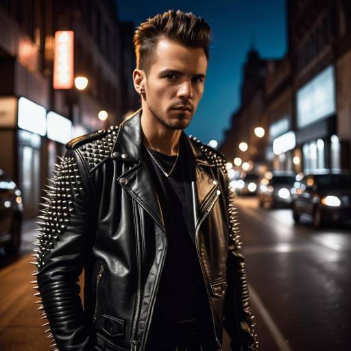 Man in Studded Leather Jacket on City Street at Night