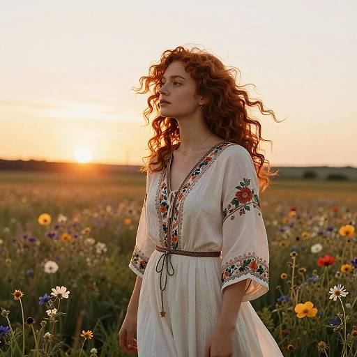 Photograph of a curly-haired woman in a white, floral-embroidered dress standing in a sunlit meadow of colorful wildflowers at sunset