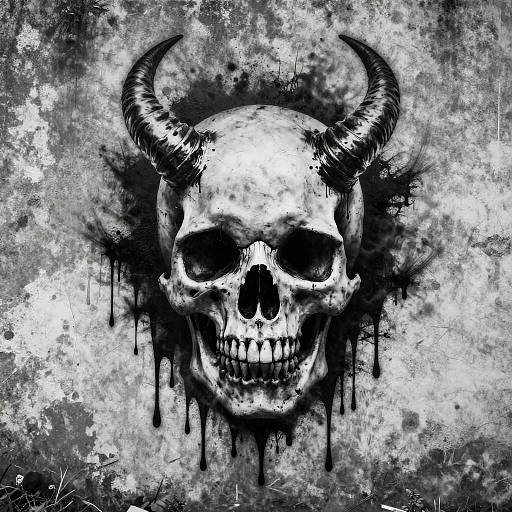 Digital black-and-white drawing of a skull with large, curved horns, dripping ink on a textured, grungy background. Artist signature in bottom left