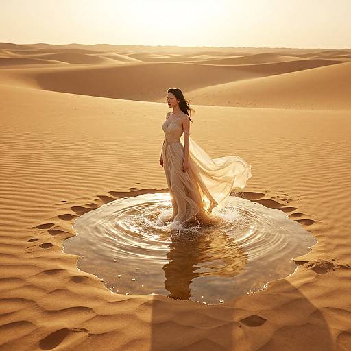 Photograph of a woman in a flowing, translucent white dress standing in a shallow desert oasis, surrounded by rippling sand, with golden sunlight casting long